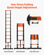 VEVOR Telescoping Ladder, 322 cm Extension Ladder One-Button Retraction, Heavy-Duty 150 kg Capacity, for Home Repairs, Painting, Window Cleaning and RV, Aluminum, Anti-Slip Steps, Orange & Black