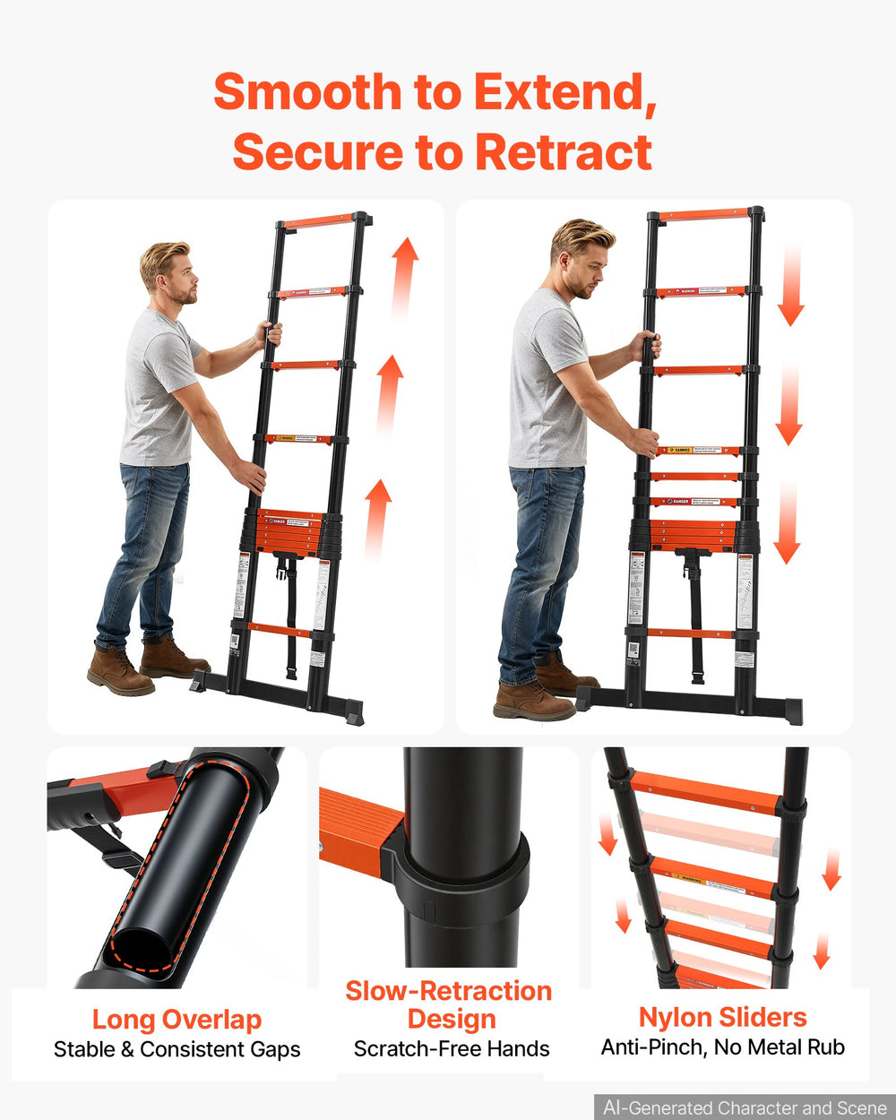 VEVOR Telescoping Ladder, 322 cm Extension Ladder One-Button Retraction, Heavy-Duty 150 kg Capacity, for Home Repairs, Painting, Window Cleaning and RV, Aluminum, Anti-Slip Steps, Orange & Black