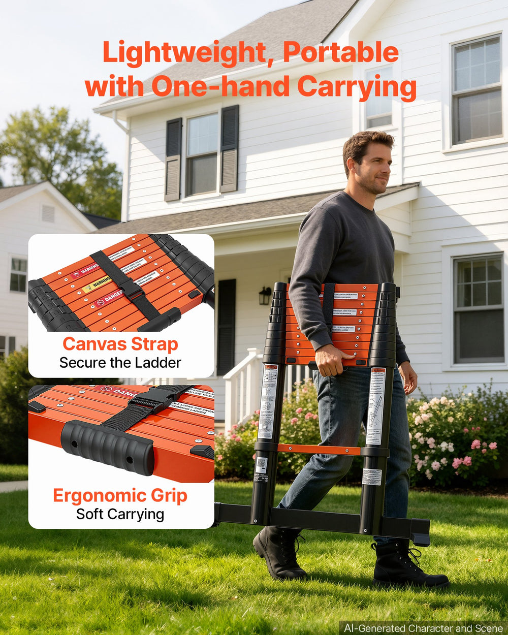 VEVOR Telescoping Ladder, 322 cm Extension Ladder One-Button Retraction, Heavy-Duty 150 kg Capacity, for Home Repairs, Painting, Window Cleaning and RV, Aluminum, Anti-Slip Steps, Orange & Black