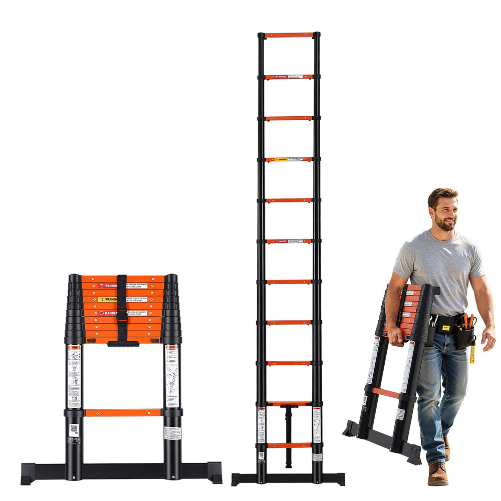 VEVOR Telescoping Ladder, 322 cm Extension Ladder One-Button Retraction, Heavy-Duty 150 kg Capacity, for Home Repairs, Painting, Window Cleaning and RV, Aluminum, Anti-Slip Steps, Orange & Black