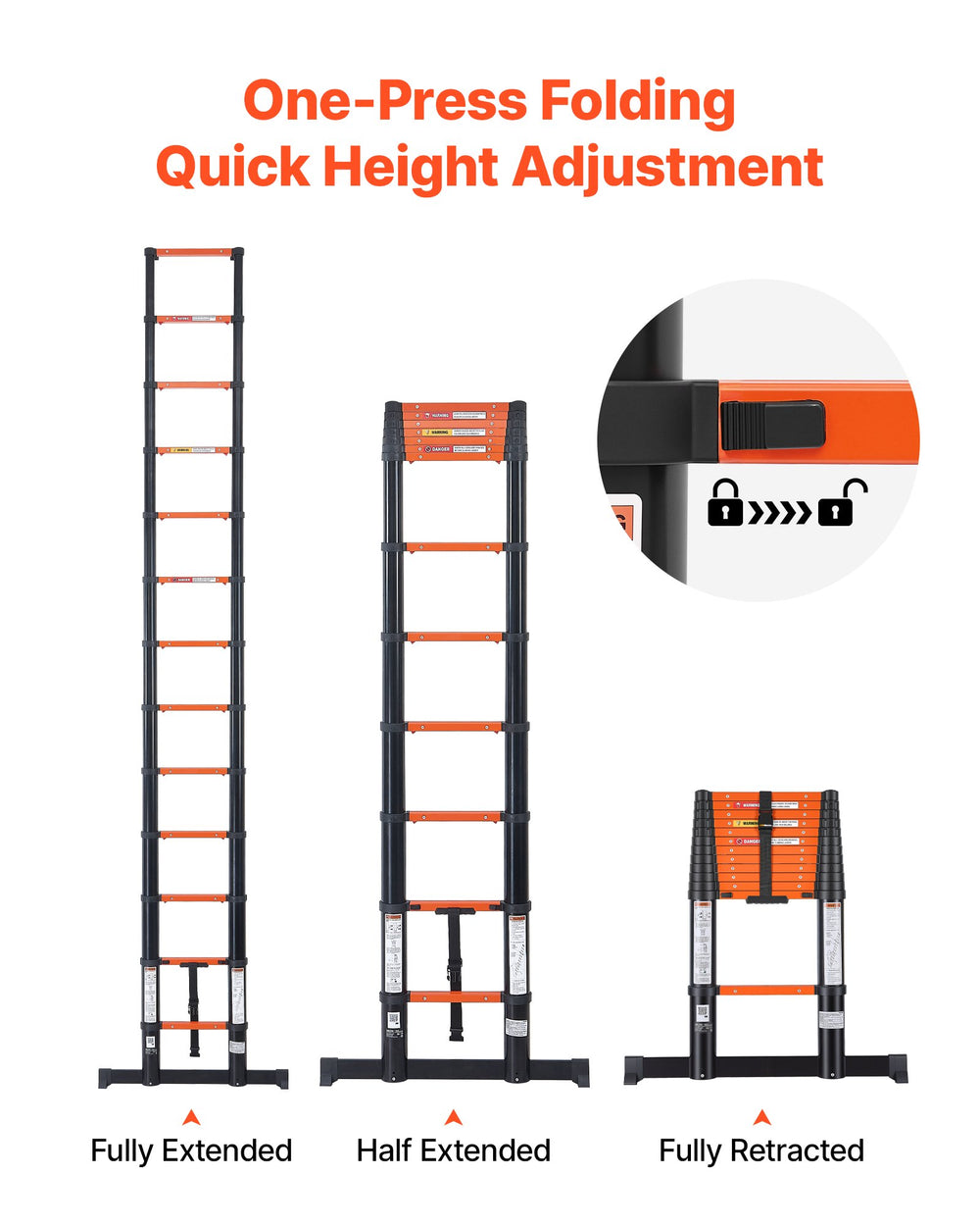 VEVOR Telescoping Ladder, 380 cm Extension Ladder One-Button Retraction, Heavy-Duty 150 kg Capacity, for Home Repairs, Painting, Window Cleaning and RV, Aluminum, Anti-Slip Steps, Orange & Black