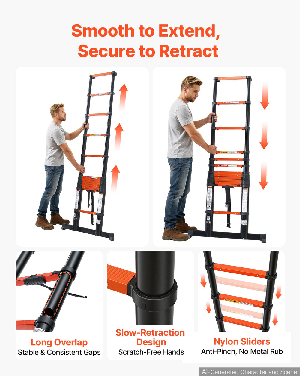 VEVOR Telescoping Ladder, 380 cm Extension Ladder One-Button Retraction, Heavy-Duty 150 kg Capacity, for Home Repairs, Painting, Window Cleaning and RV, Aluminum, Anti-Slip Steps, Orange & Black