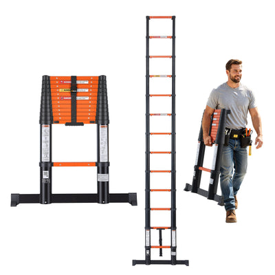 VEVOR Telescoping Ladder, 380 cm Extension Ladder One-Button Retraction, Heavy-Duty 150 kg Capacity, for Home Repairs, Painting, Window Cleaning and RV, Aluminum, Anti-Slip Steps, Orange & Black