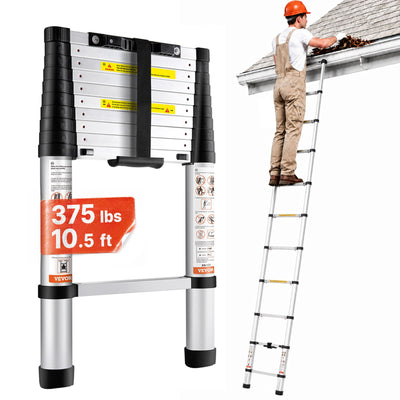 VEVOR Telescoping Ladder, 320 cm Aluminum One-button Retraction Collapsible Extension Ladder, 170.1 kg Capacity w/ Non-slip Feet, Portable Multi-purpose Compact Ladder for Home, RV, Loft, ANSI Listed