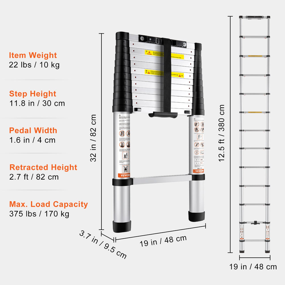 VEVOR Telescoping Ladder Aluminum Extension Step 381 cm Multi-purpose Portable