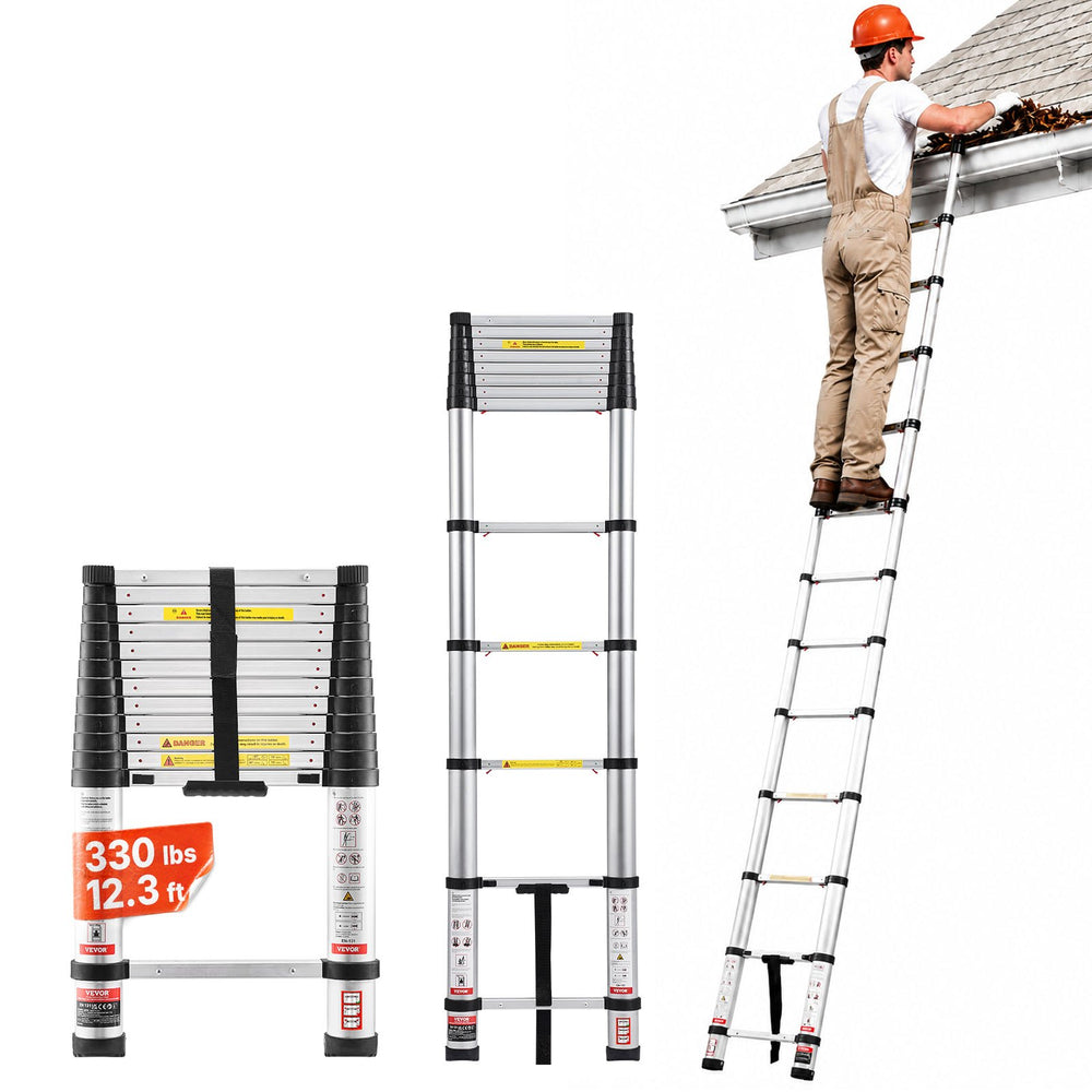 VEVOR 3.8m Telescoping Ladder, Aluminum Lightweight Multi-Purpose Collapsible Extension, One-Touch Retraction Ladder, Heavy Duty 150kg Max Capacity with Non-Slip Feet, for Home, Outdoor Work, Loft