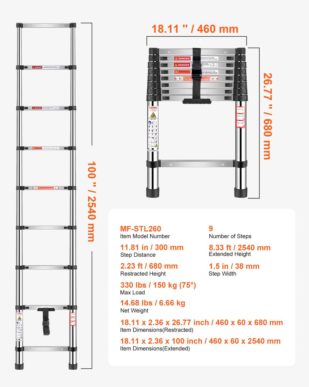 VEVOR Telescoping Ladder, 2540mm Stainless Steel Lightweight Extension Ladder, Multi-Button Retraction Collapsible Ladders, 150 kg Capacity & Non-Slip Feet, Portable 9-Step Ladders for Home RV Loft