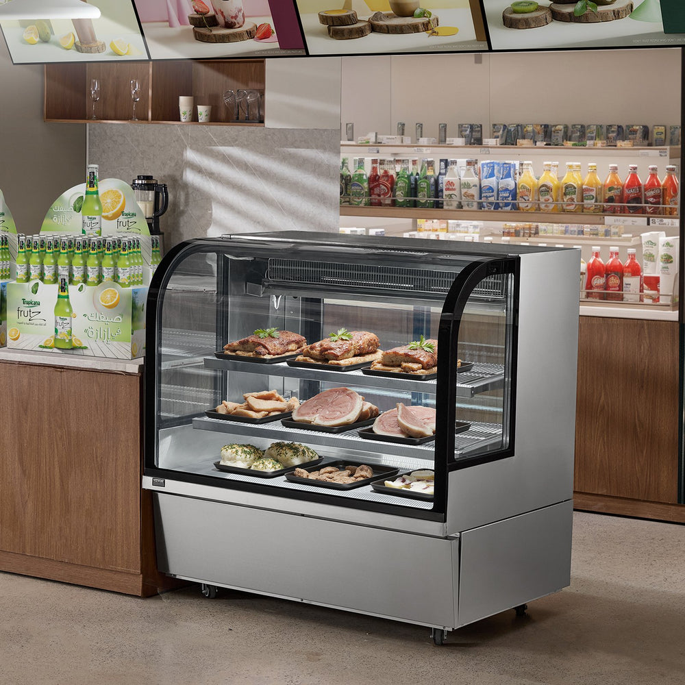 VEVOR Refrigerated Display Case, 18 Cu.Ft./505L Large Pastry Display Case, 2-Tier Commercial Display Refrigerator with LED Lighting, Downdraft Cooling, Movable with Casters, for Bakery