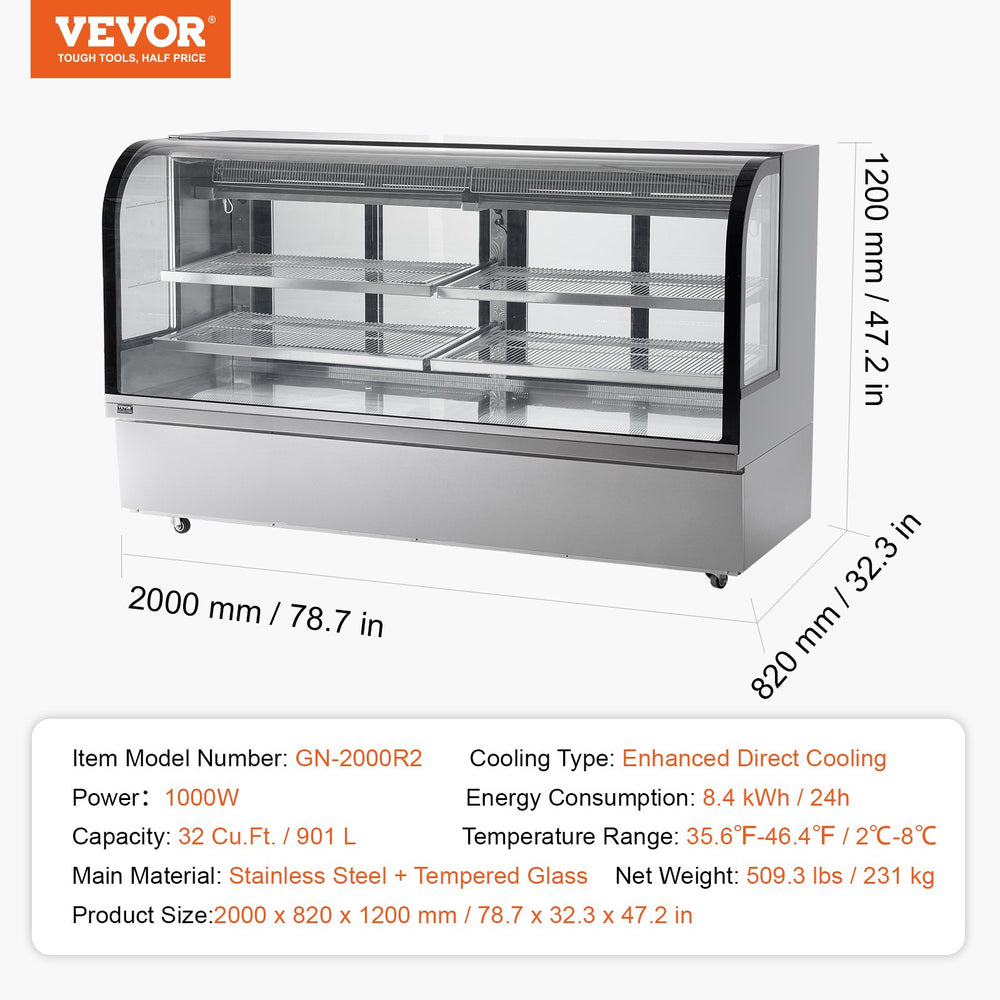 VEVOR Refrigerated Display Case, 32 Cu.Ft./901L Large Pastry Display Case, 4-Tier Commercial Display Refrigerator with LED Lighting, Downdraft Cooling, Movable with Casters, for Bakery
