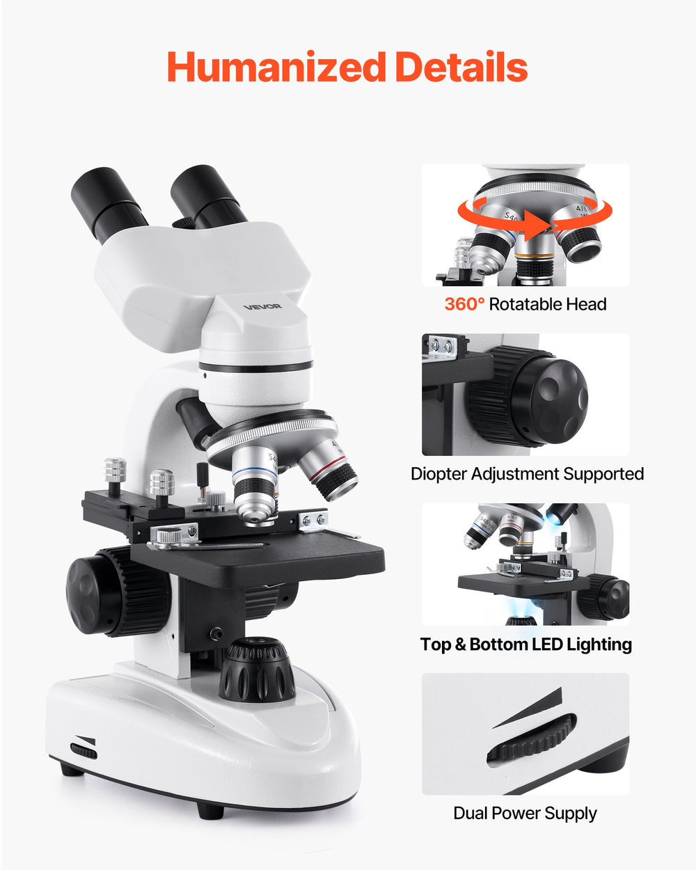 VEVOR Binocular Microscope for Adult, Professional Compound Microscope Kit with 40-2000X Magnification, Aluminum Alloy Body, Includes LED Light and Phone Holder, for Lab, School, Home, Education