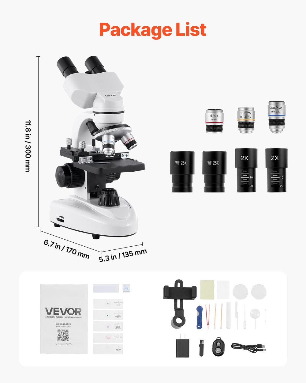VEVOR Binocular Microscope for Adult, Professional Compound Microscope Kit with 40-2000X Magnification, Aluminum Alloy Body, Includes LED Light and Phone Holder, for Lab, School, Home, Education