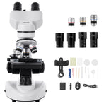 VEVOR Binocular Microscope for Adult, Professional Compound Microscope Kit with 40-2000X Magnification, Aluminum Alloy Body, Includes LED Light and Phone Holder, for Lab, School, Home, Education