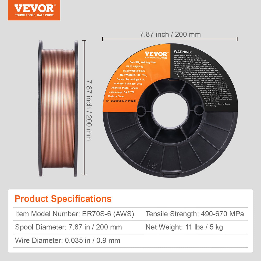VEVOR Solid MIG Welding Wire ER70S-6 0.9mm 5.0kg Mild Steel MIG Welding Wire