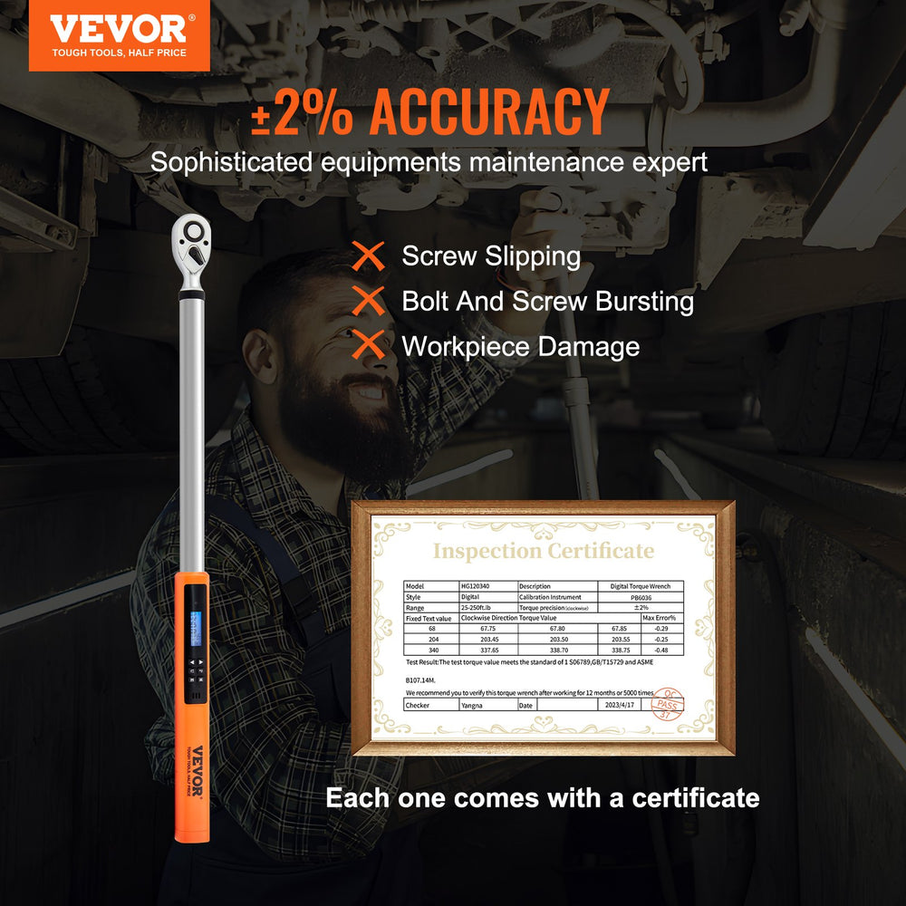 VEVOR Digital Torque Wrench, 1.3 cm Drive Electronic Torque Wrench, Torque Wrench Kit 25-250ft.lb/34-340n.m Torque Range Accurate to ±2%, 3-Mode Adjustable Torque Wrench Set with LED Buzzer Calibration
