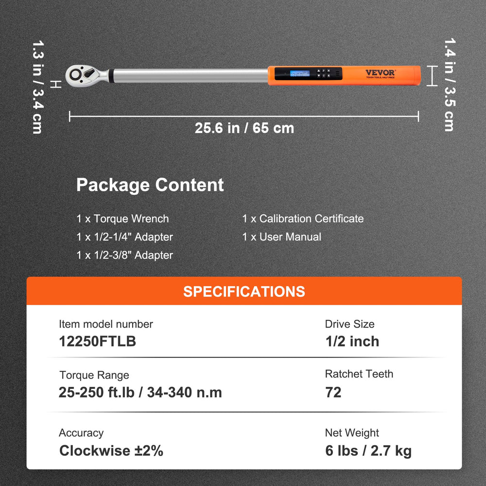 VEVOR Digital Torque Wrench, 1.3 cm Drive Electronic Torque Wrench, Torque Wrench Kit 25-250ft.lb/34-340n.m Torque Range Accurate to ±2%, 3-Mode Adjustable Torque Wrench Set with LED Buzzer Calibration