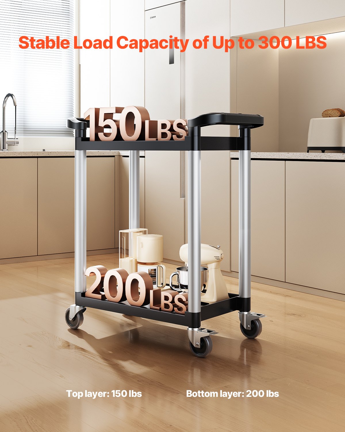 VEVOR Utility Cart, 300 lbs Load Capacity, 2-tier Utility Plastic Cart with 360° Swivel Wheels (2 with Brakes), 24.4 x 16.1-inch Food Service Cart for Warehouse, Office, Home, Restaurant, Kitchen