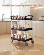 VEVOR Utility Cart, 300 lbs Load Capacity, 3-tier Utility Plastic Cart with 360° Swivel Wheels (2 with Brakes), 24.4 x 16.1-inch Food Service Cart for Warehouse, Office, Home, Restaurant, Kitchen