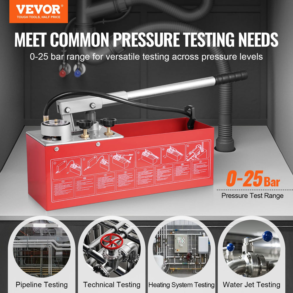 VEVOR Hydrostatic Test Pump, Max 25 bar/362 PSI, Dual Valve Hydraulic Manual Water Pressure Tester Kit with Gauge 10L Water Tank, 1.4 m Hose with 1.27 cm External Thread Connector for Pipeline