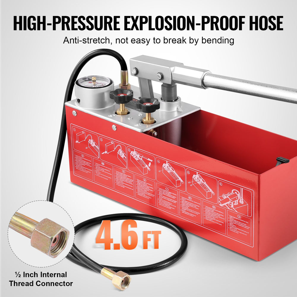 VEVOR Hydrostatic Test Pump, Max 25 bar/362 PSI, Dual Valve Hydraulic Manual Water Pressure Tester Kit with Gauge 10L Water Tank, 1.4 m Hose with 1.27 cm External Thread Connector for Pipeline