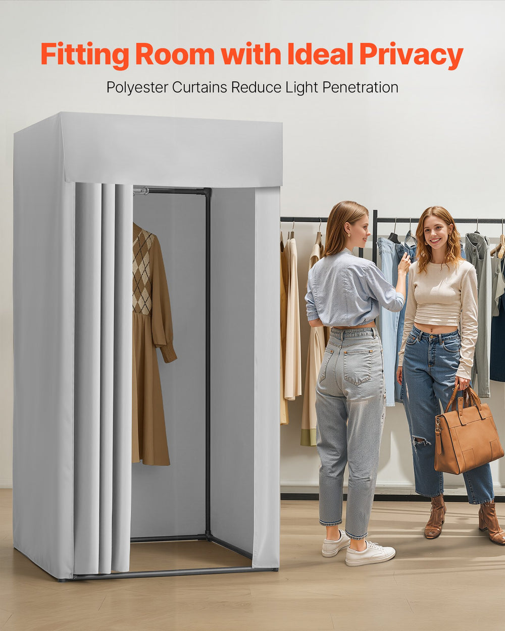 VEVOR Fitting Room, Dressing Room with Thick Polyester Curtains, Privacy Space with Shading Curtain and a Hook, for Boutique, Mall, Tailor's Store & Outdoor 99 x 99 x 198 cm (Black and Gray-White)