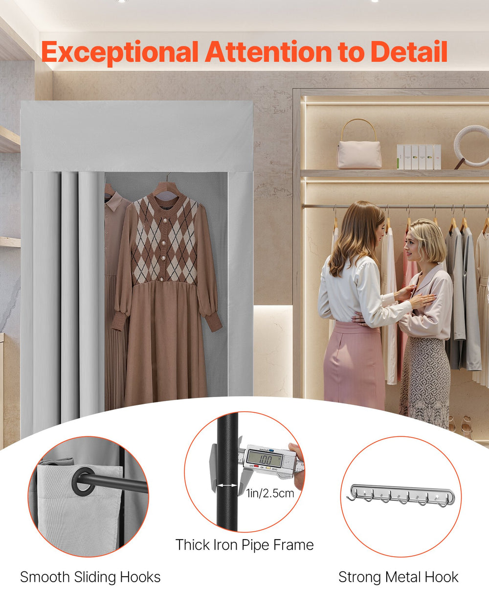 VEVOR Fitting Room, Dressing Room with Thick Polyester Curtains, Privacy Space with Shading Curtain and a Hook, for Boutique, Mall, Tailor's Store & Outdoor 99 x 99 x 198 cm (Black and Gray-White)