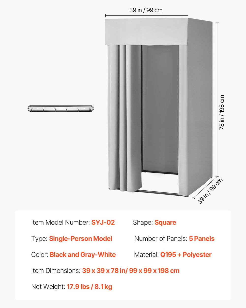 VEVOR Fitting Room, Dressing Room with Thick Polyester Curtains, Privacy Space with Shading Curtain and a Hook, for Boutique, Mall, Tailor's Store & Outdoor 99 x 99 x 198 cm (Black and Gray-White)