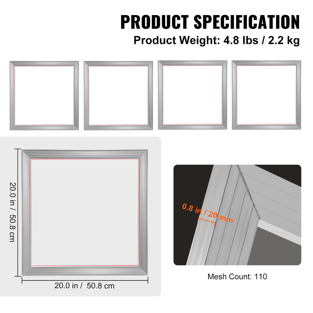 VEVOR Screen Printing Kit Silk Screen Printing Frame 50.8 cm x 50.8 cm 110 Count Mesh 4pcs