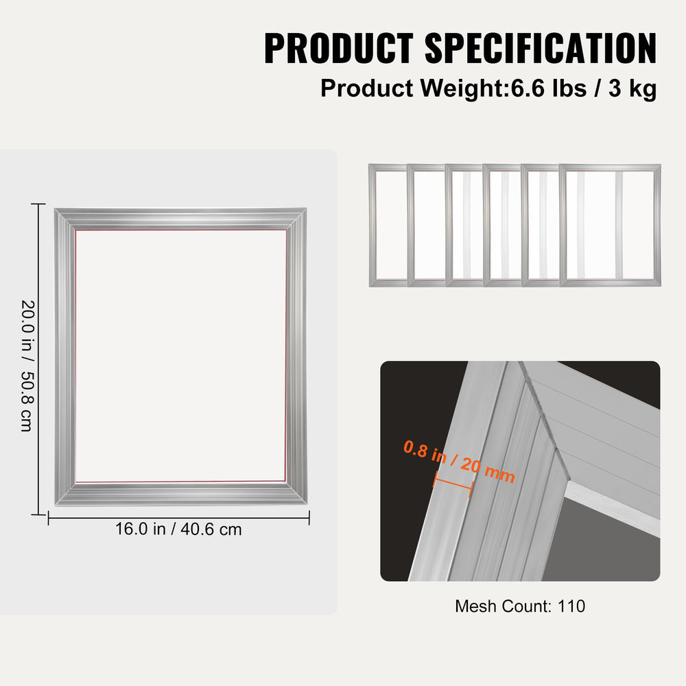 VEVOR Screen Printing Kit Silk Screen Printing Frame 40.6 cm x 50.8 cm 110 Count Mesh 6pcs