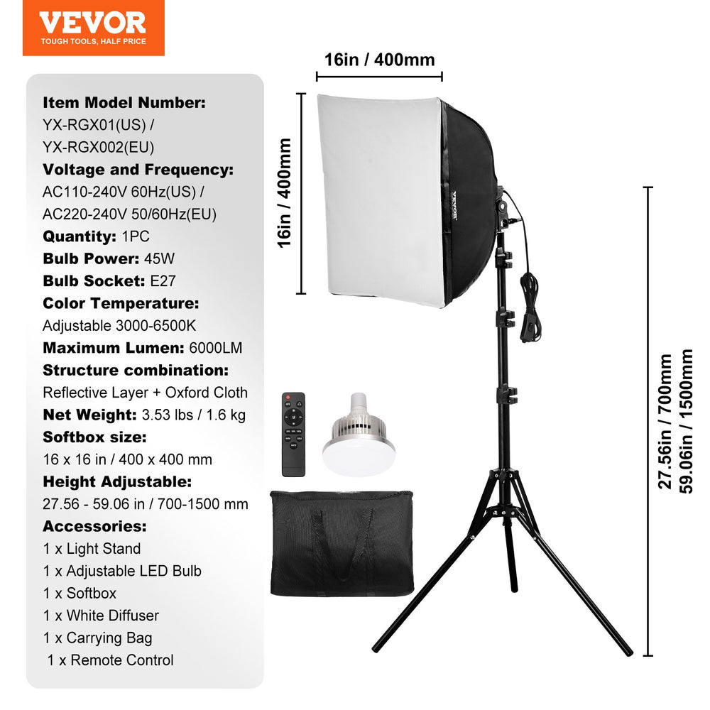VEVOR Softbox Lighting Kit 40x40 cm / 16x16 inch 3000-6500K Adjustable for Shooting