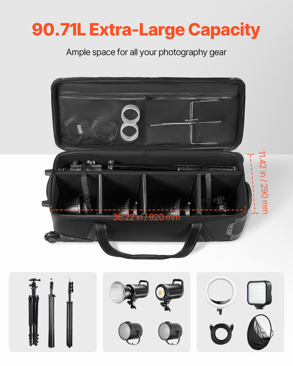 VEVOR Studio Equipment Trolley Case 100x38x32cm (39.37 x 14.96 x 12.60 in) Rolling Camera Bag