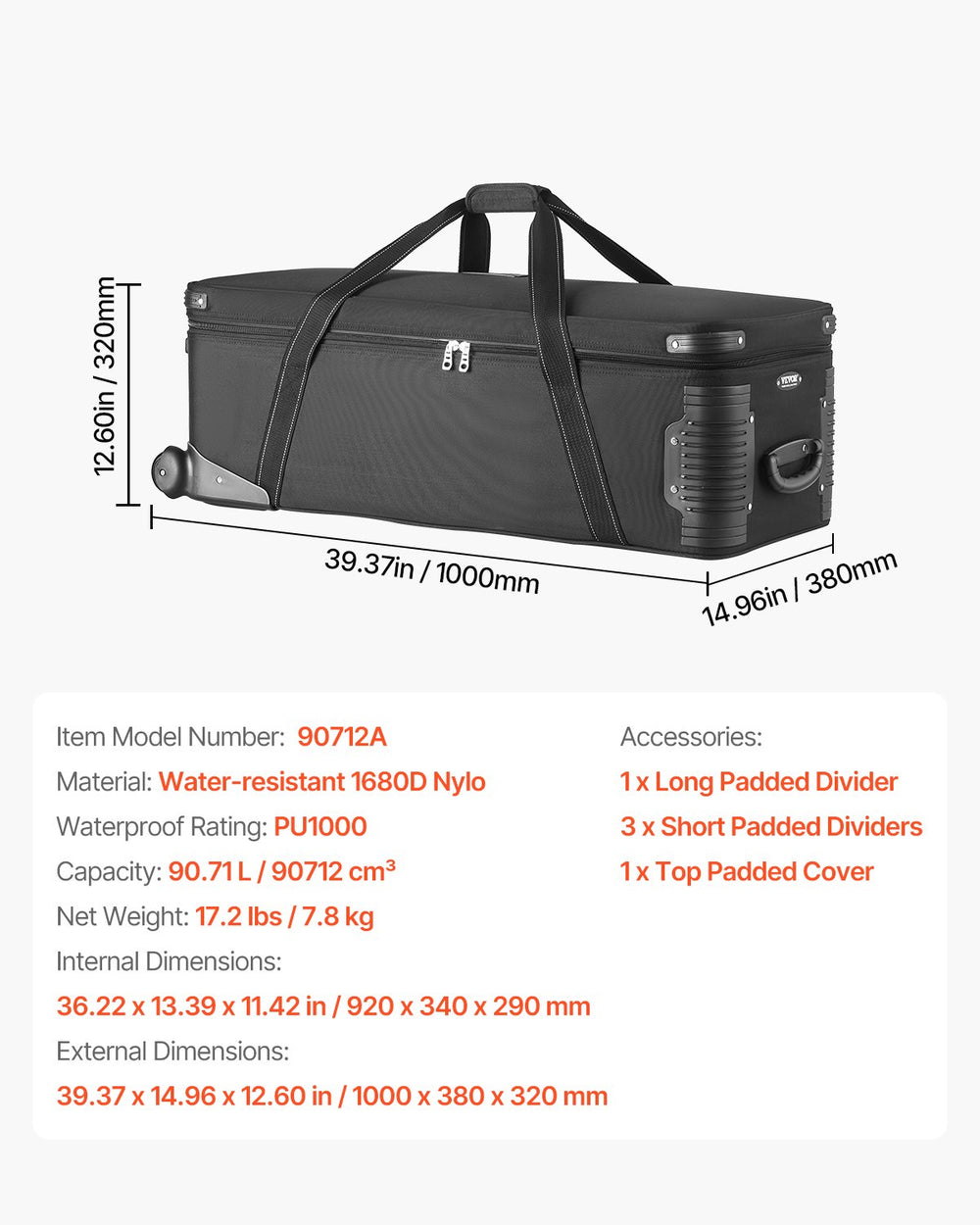 VEVOR Studio Equipment Trolley Case 100x38x32cm (39.37 x 14.96 x 12.60 in) Rolling Camera Bag