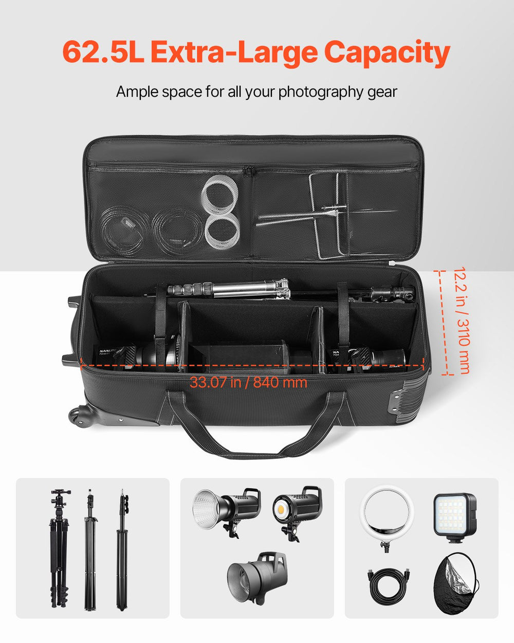 VEVOR Studio Equipment Trolley Case  910x300x355mm (35.83 x 11.81 x 14 in) Rolling Camera Bag