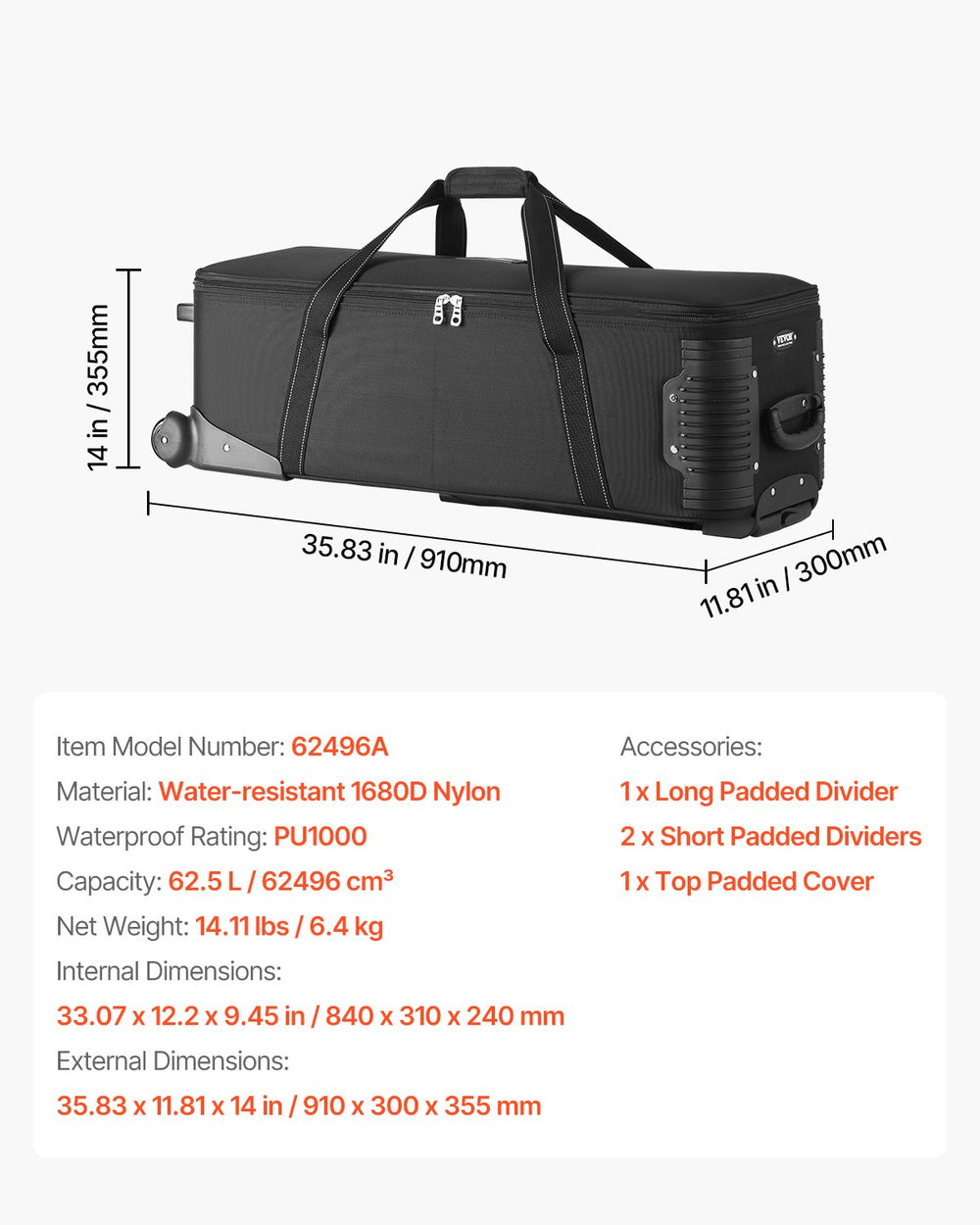 VEVOR Studio Equipment Trolley Case  910x300x355mm (35.83 x 11.81 x 14 in) Rolling Camera Bag