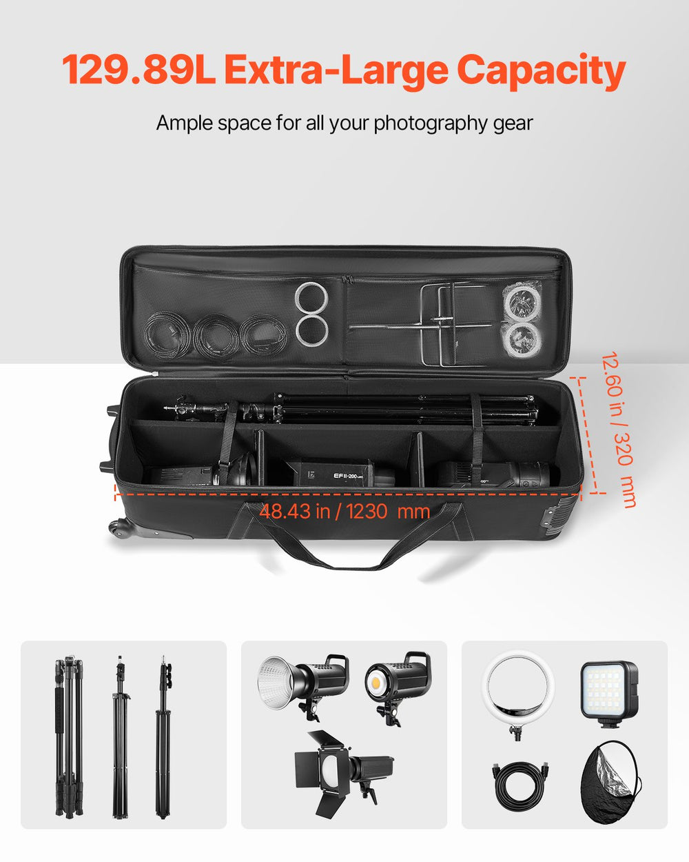 VEVOR Studio Equipment Trolley Case 131x36.5x38cm (51.57 x 14.37 x 14.96) in Rolling Camera Bag