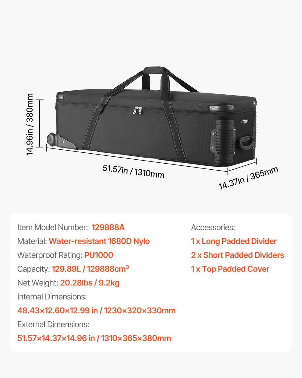 VEVOR Studio Equipment Trolley Case 131x36.5x38cm (51.57 x 14.37 x 14.96) in Rolling Camera Bag