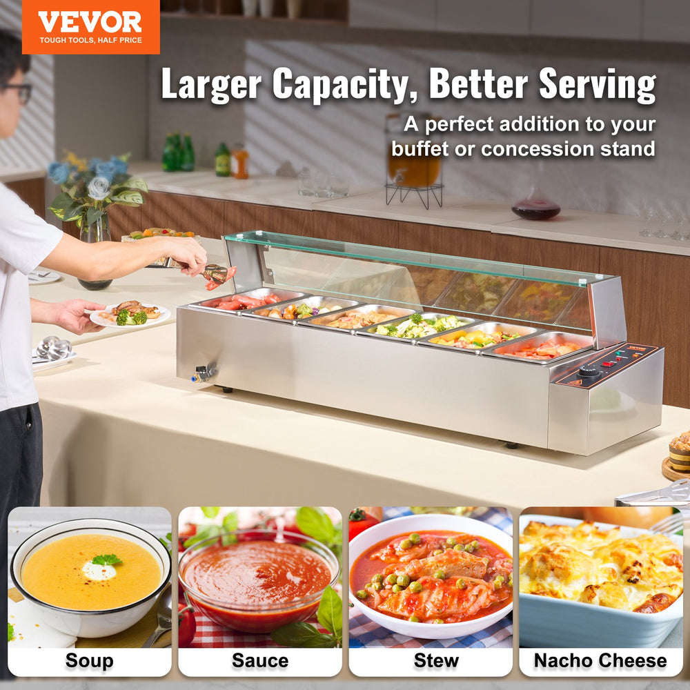 VEVOR Commercial Electric Food Warmer Countertop Buffet 6*4.7 L with Glass Shield