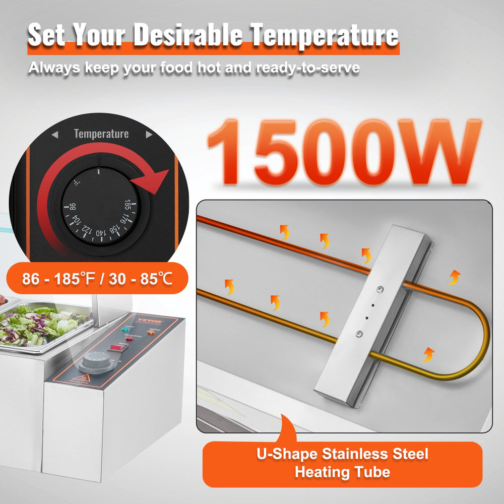 VEVOR Commercial Electric Food Warmer Countertop Buffet 6*4.7 L with Glass Shield