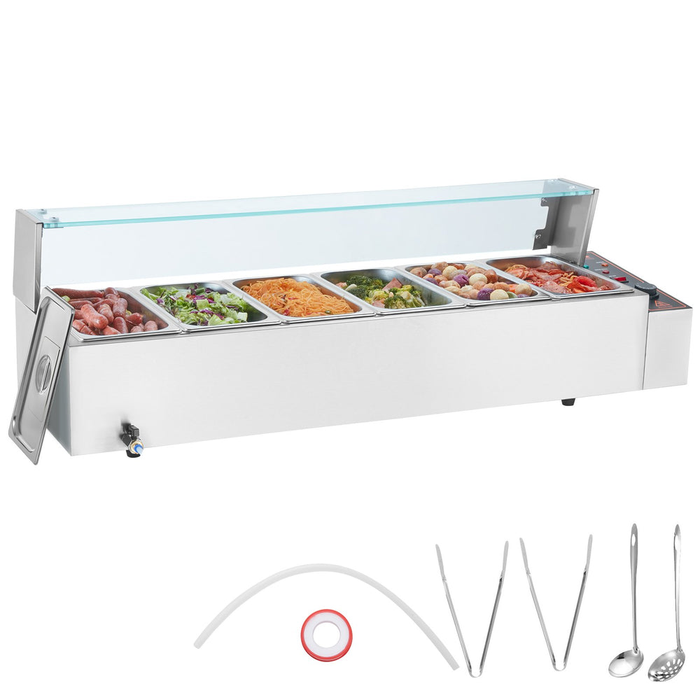 VEVOR Commercial Electric Food Warmer Countertop Buffet 6*4.7 L with Glass Shield