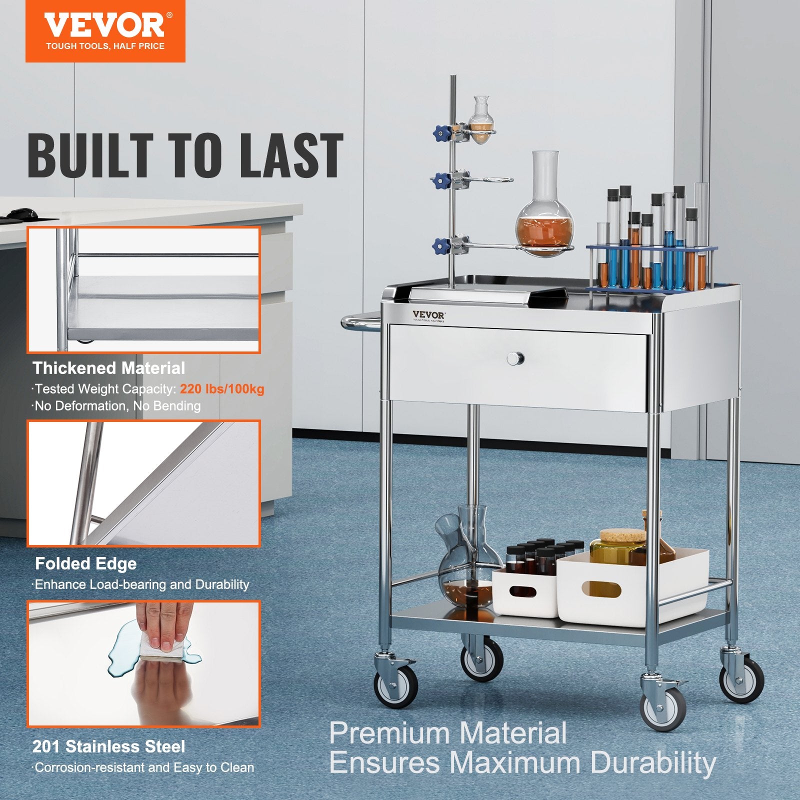 VEVOR Medical Cart, 2 Layers Stainless Steel Cart 99.8 kg Weight Capacity, Lab Utility Cart with 360° Silent Wheels and a Drawer for Lab, Clinic, Kitchen, Salon
