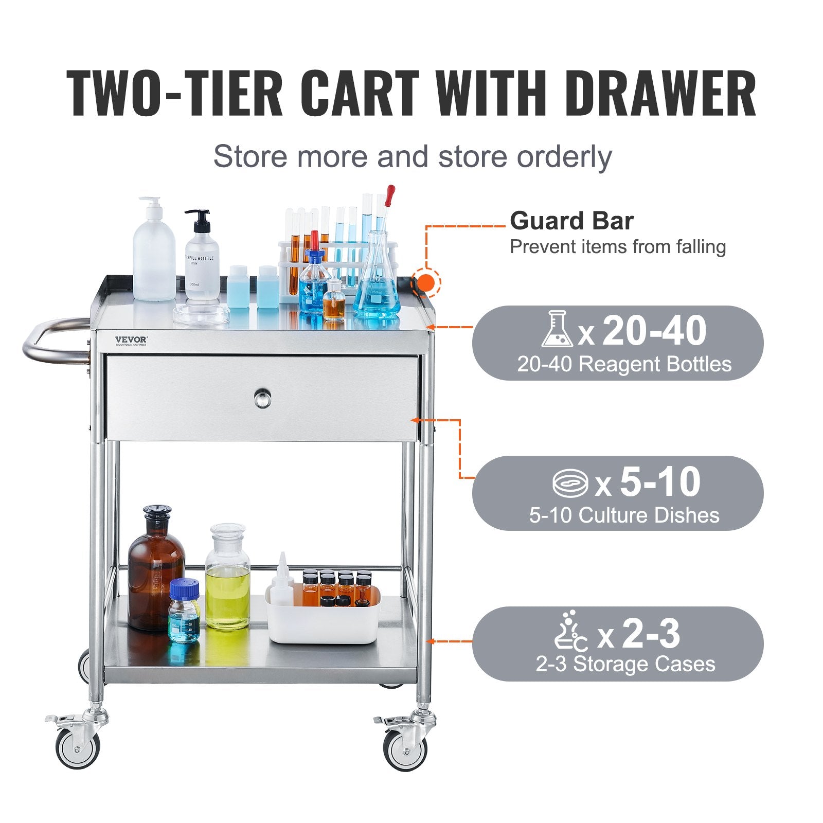 VEVOR Medical Cart, 2 Layers Stainless Steel Cart 99.8 kg Weight Capacity, Lab Utility Cart with 360° Silent Wheels and a Drawer for Lab, Clinic, Kitchen, Salon