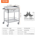 VEVOR Medical Cart, 2 Layers Stainless Steel Cart 99.8 kg Weight Capacity, Lab Utility Cart with 360° Silent Wheels and a Drawer for Lab, Clinic, Kitchen, Salon