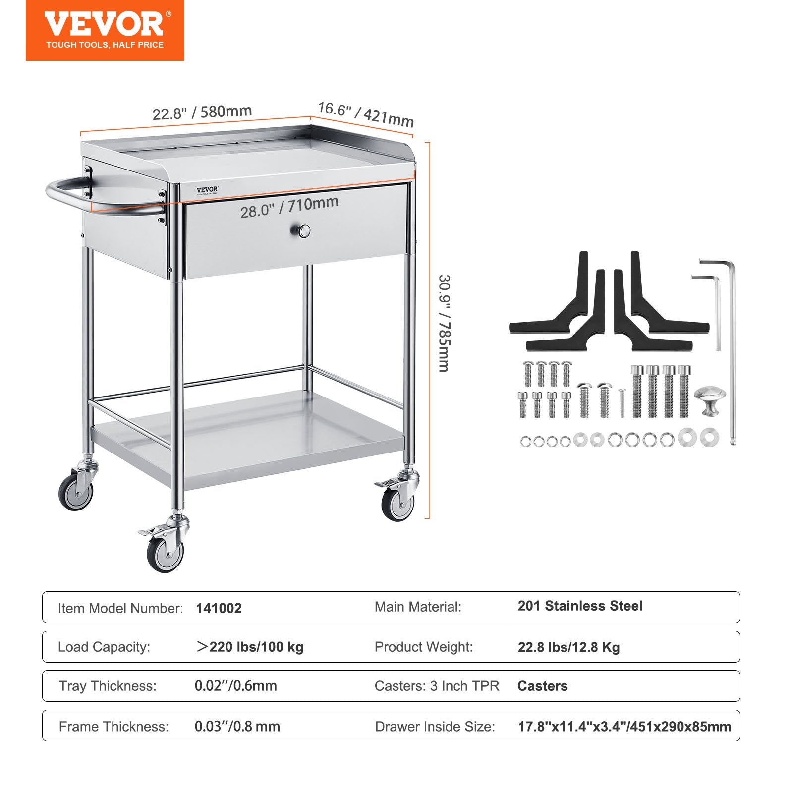 VEVOR Medical Cart, 2 Layers Stainless Steel Cart 99.8 kg Weight Capacity, Lab Utility Cart with 360° Silent Wheels and a Drawer for Lab, Clinic, Kitchen, Salon