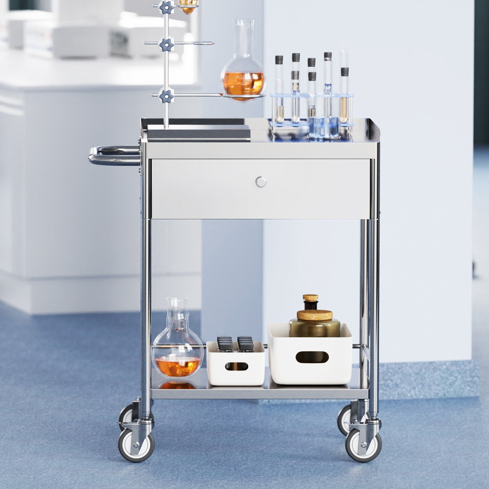 VEVOR Medical Cart, 2 Layers Stainless Steel Cart 99.8 kg Weight Capacity, Lab Utility Cart with 360° Silent Wheels and a Drawer for Lab, Clinic, Kitchen, Salon