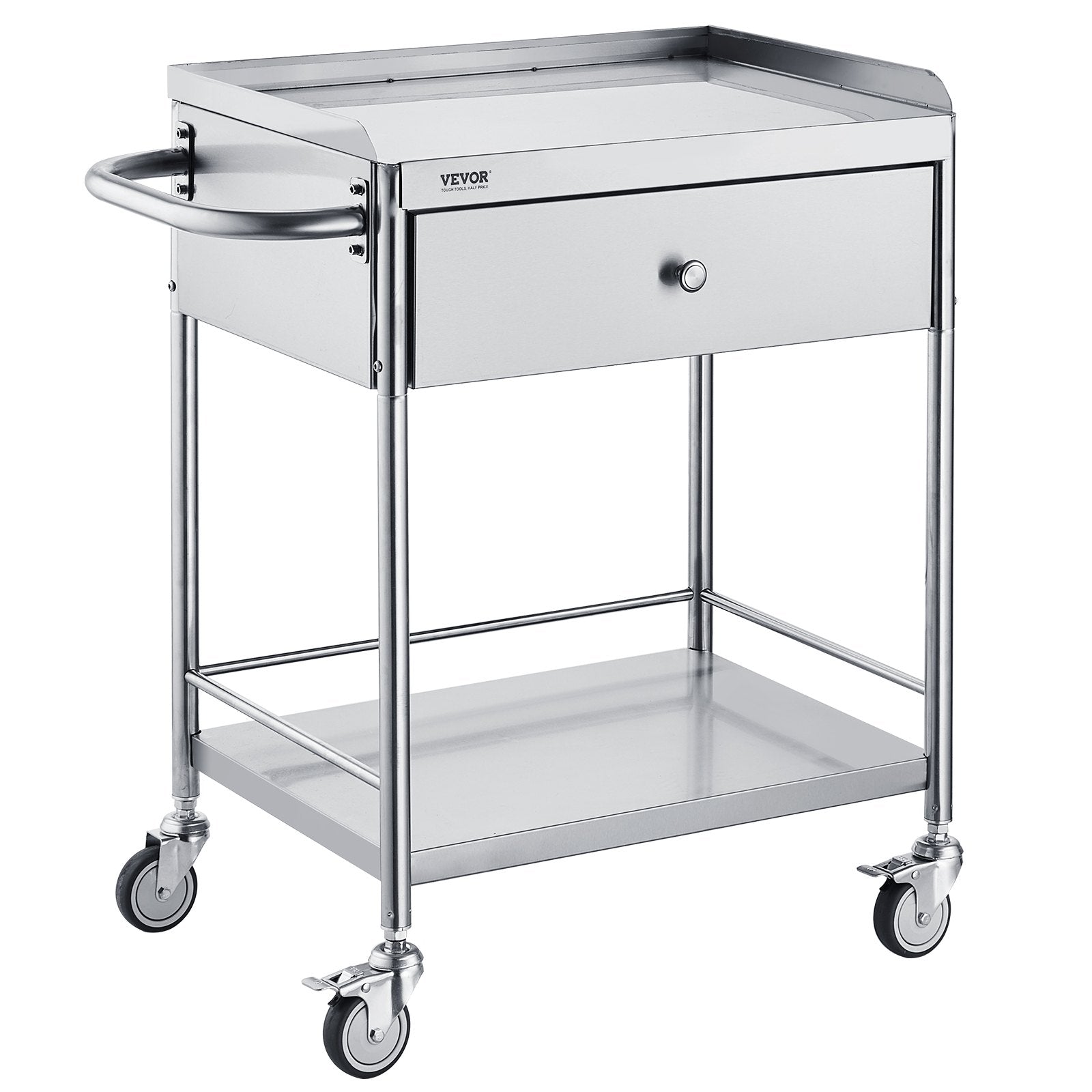 VEVOR Medical Cart, 2 Layers Stainless Steel Cart 99.8 kg Weight Capacity, Lab Utility Cart with 360° Silent Wheels and a Drawer for Lab, Clinic, Kitchen, Salon