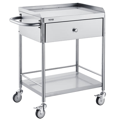 VEVOR Medical Cart, 2 Layers Stainless Steel Cart 99.8 kg Weight Capacity, Lab Utility Cart with 360° Silent Wheels and a Drawer for Lab, Clinic, Kitchen, Salon