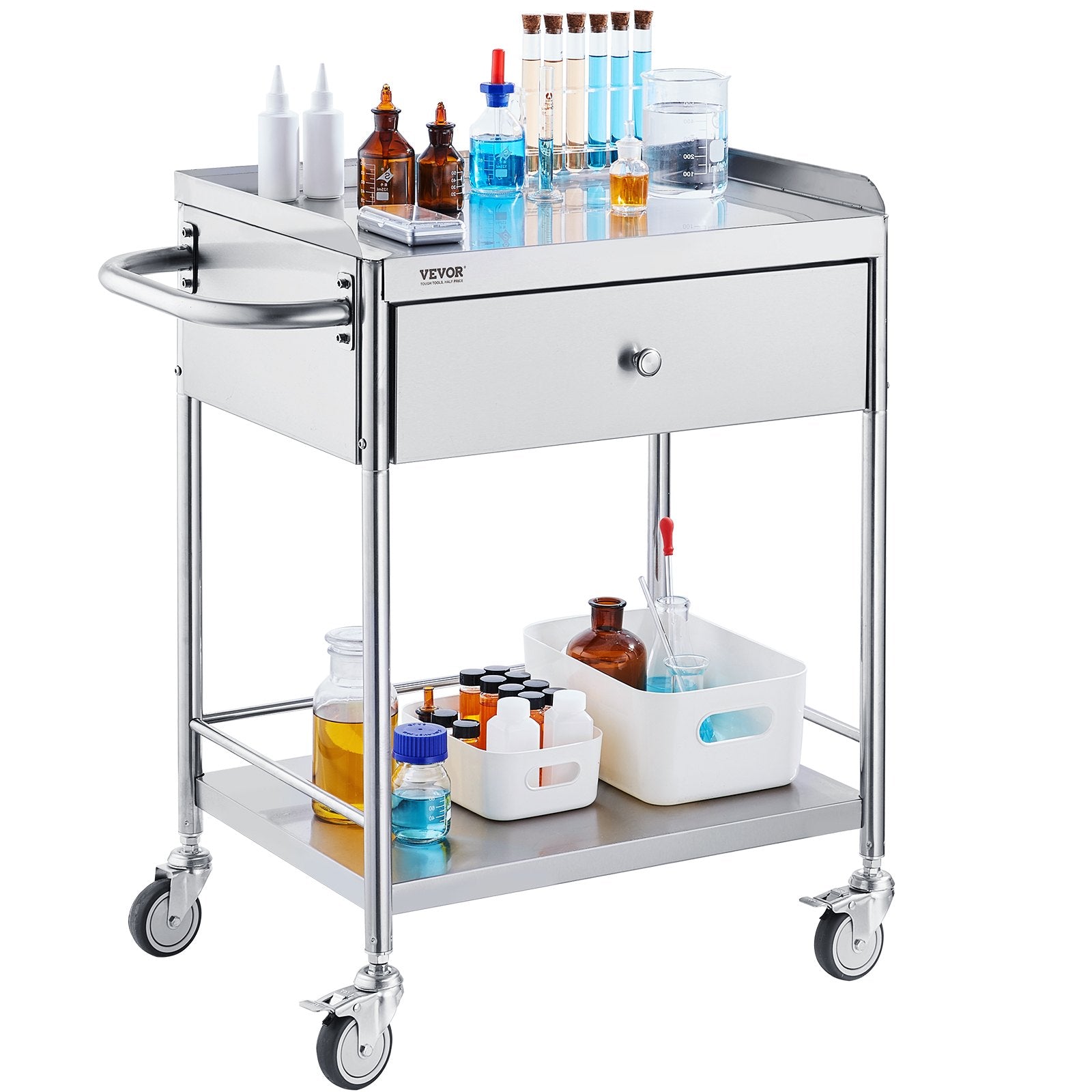 VEVOR Medical Cart, 2 Layers Stainless Steel Cart 99.8 kg Weight Capacity, Lab Utility Cart with 360° Silent Wheels and a Drawer for Lab, Clinic, Kitchen, Salon