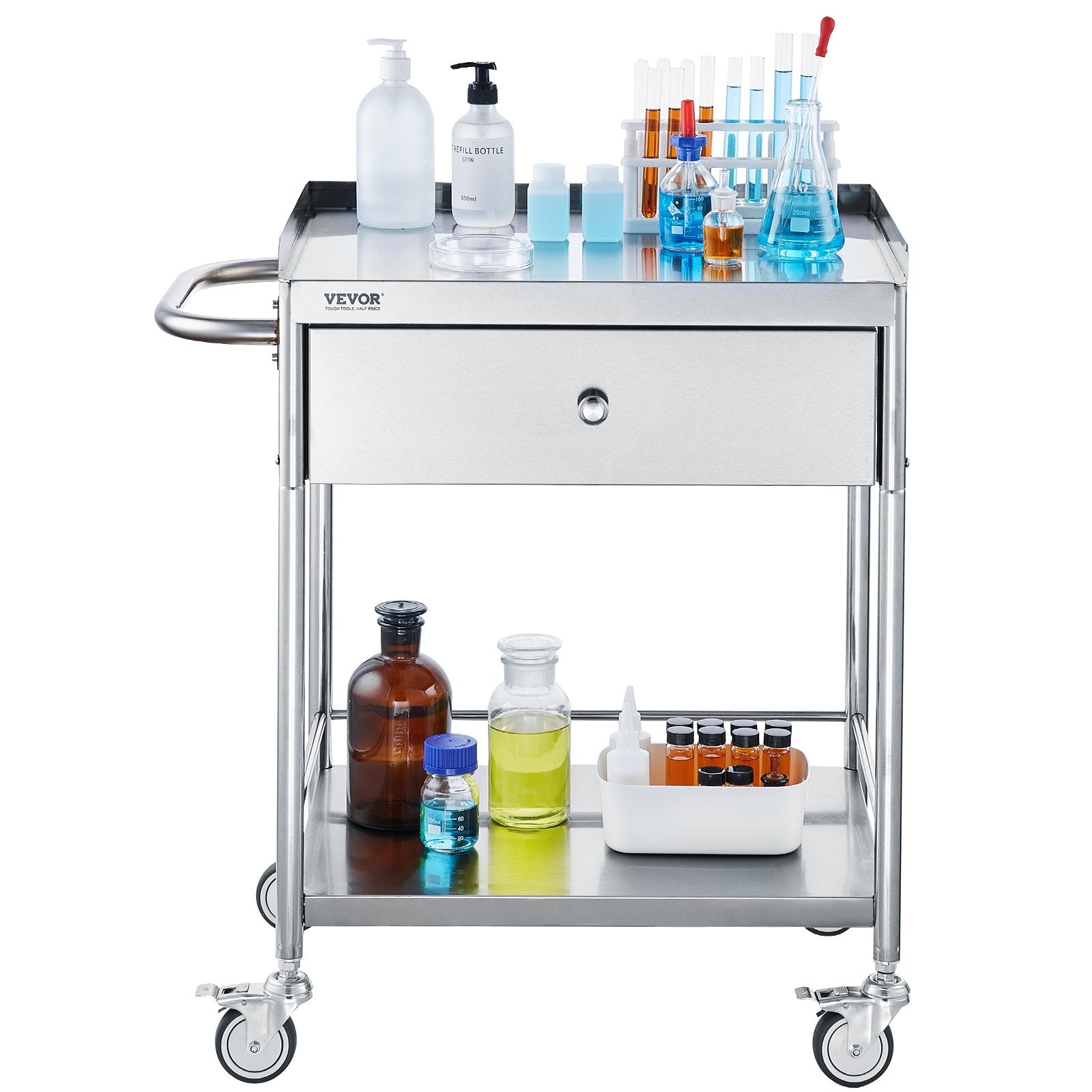 VEVOR Medical Cart, 2 Layers Stainless Steel Cart 99.8 kg Weight Capacity, Lab Utility Cart with 360° Silent Wheels and a Drawer for Lab, Clinic, Kitchen, Salon