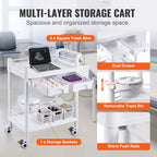 VEVOR 2 Tiers Lab Carts, Lab Utility Cart with 2 Trays, 2 Drawers & 4 Silent Wheels, Mobile Medical Cart with PP Material, Lab Rolling Cart with 3 Trash Cans for Lab, Clinic, Hospital, Salon, White