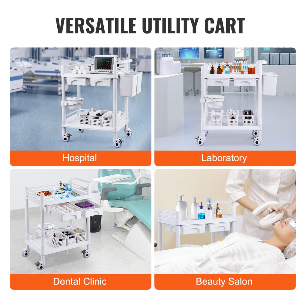 VEVOR 2 Tiers Lab Carts, Lab Utility Cart with 2 Trays, 2 Drawers & 4 Silent Wheels, Mobile Medical Cart with PP Material, Lab Rolling Cart with 3 Trash Cans for Lab, Clinic, Hospital, Salon, White