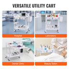 VEVOR 2 Tiers Lab Carts, Lab Utility Cart with 2 Trays, 2 Drawers & 4 Silent Wheels, Mobile Medical Cart with PP Material, Lab Rolling Cart with 3 Trash Cans for Lab, Clinic, Hospital, Salon, White